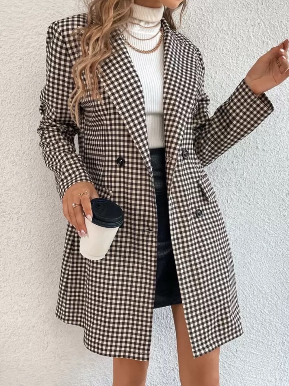 SHEIN Brown & White Gingham Double-Breasted Blazer Jacket